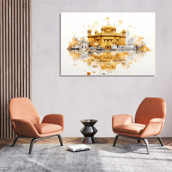 Golden Temple side view in Golden, Black and white, with reflection under it.