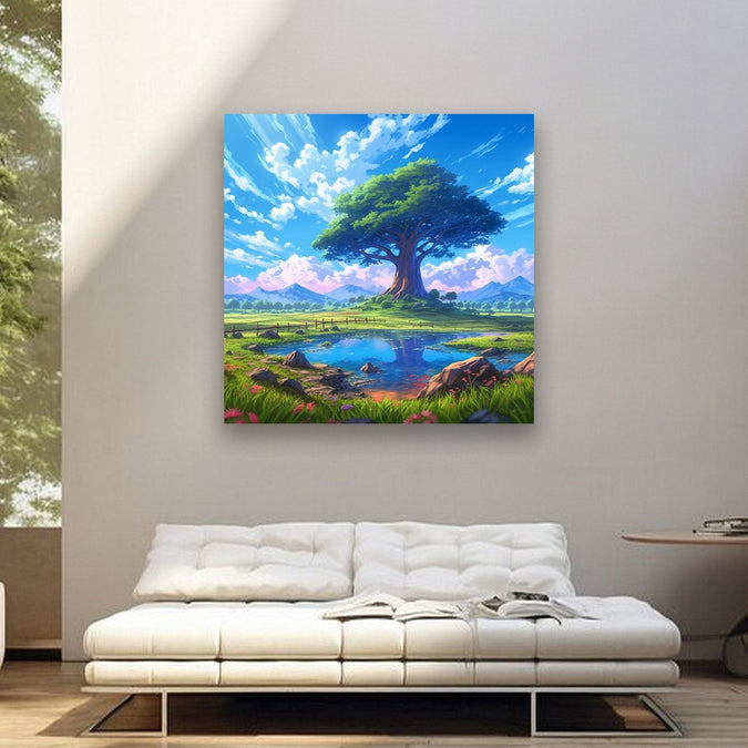 Green tree in the centre, pond in front, grass, flowers in foreground and blue sky with clouds Room 1