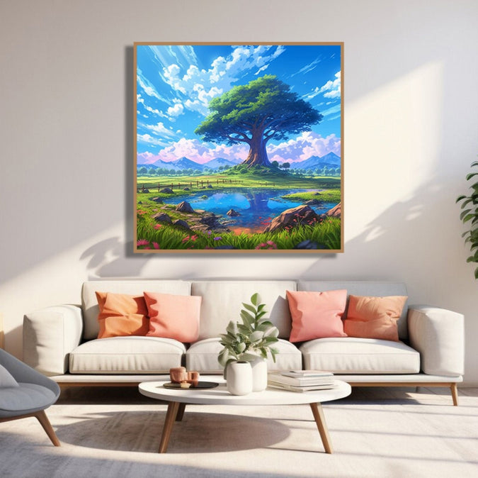 Green tree in the centre, pond in front, grass, flowers in foreground and blue sky with clouds Room 3