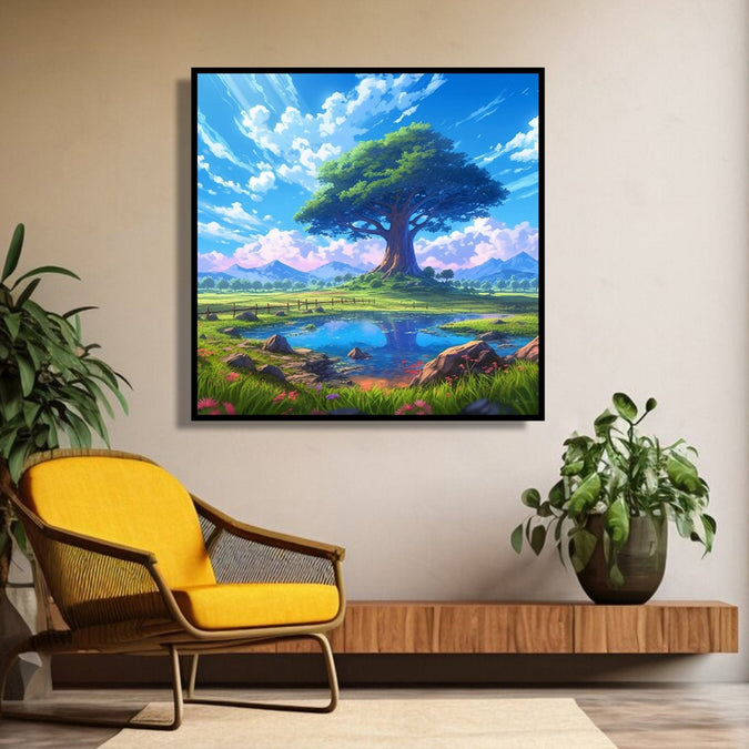 Green tree in the centre, pond in front, grass, flowers in foreground and blue sky with clouds Room 4