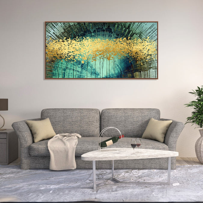 Handmade Painting for Bed Room : golden-trees-in-aqua-background