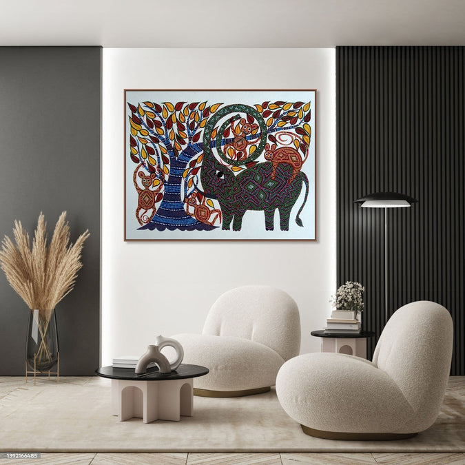 Handmade Painting for Bed Room : pithora-bhil-art-elephant-tree