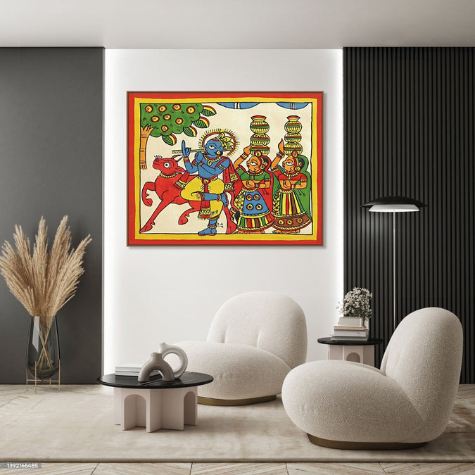 Handmade Painting for Bed Room : rajasthani-phad-art-krishna