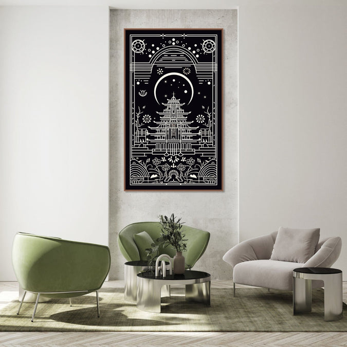 Handmade Painting for Bed Room : thangka-temple-in-monochrome