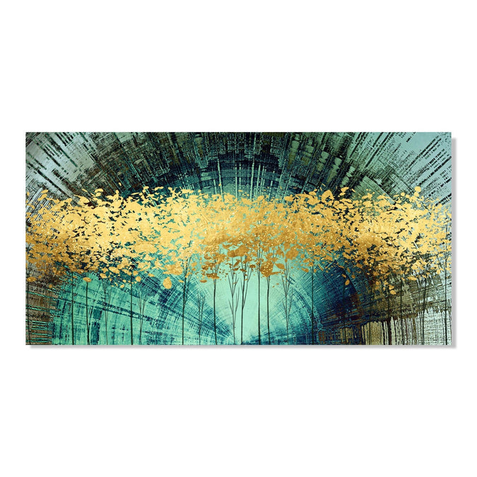 Handmade Painting for Drawing Room : golden-trees-in-aqua-background