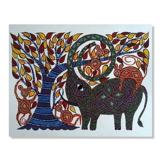 Handmade Painting for Drawing Room : pithora-bhil-art-elephant-tree