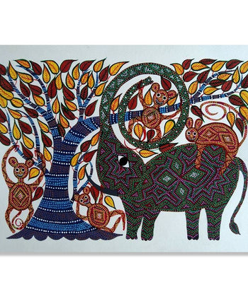 Handmade Painting for Drawing Room : pithora-bhil-art-elephant-tree