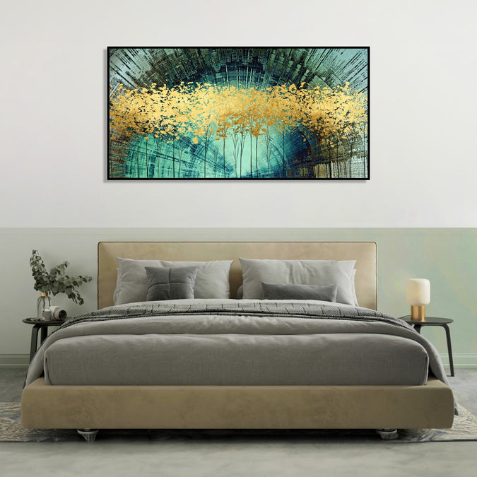 Handmade Painting for Home : golden-trees-in-aqua-background