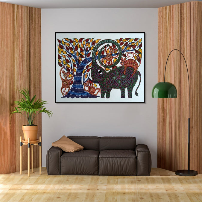 Handmade Painting for Home : pithora-bhil-art-elephant-tree