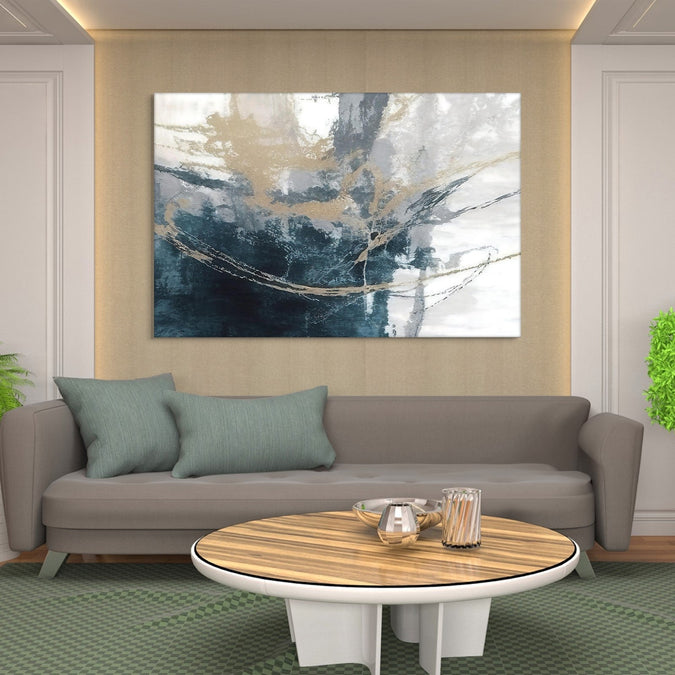 Handmade Painting for Living Room : blue-gold-fusion