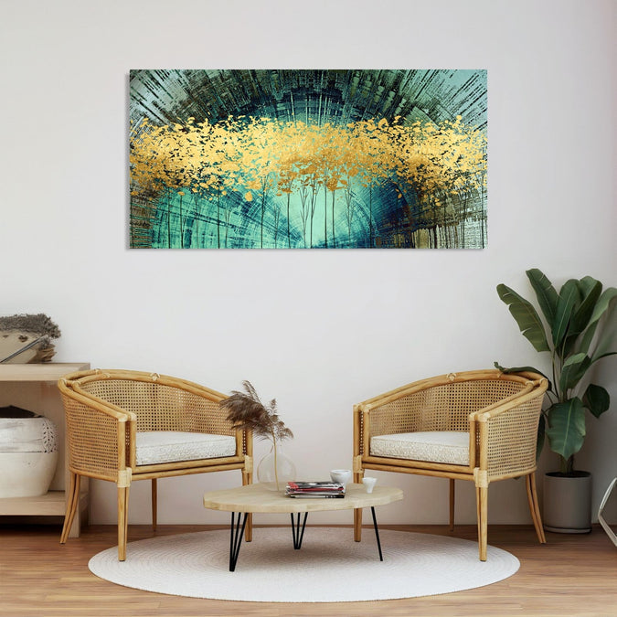 Handmade Painting for Living Room : golden-trees-in-aqua-background