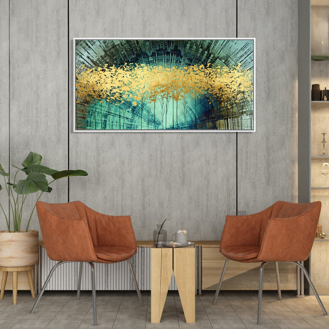 Handmade Painting for Living Room : golden-trees-in-aqua-background