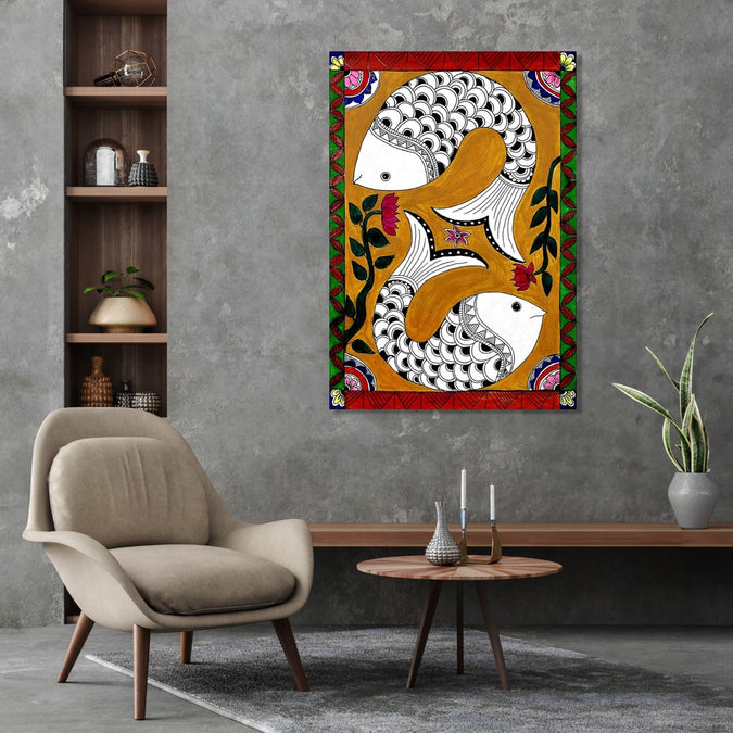 Handmade Painting for Living Room : india-madhubani-folk-art-matasya