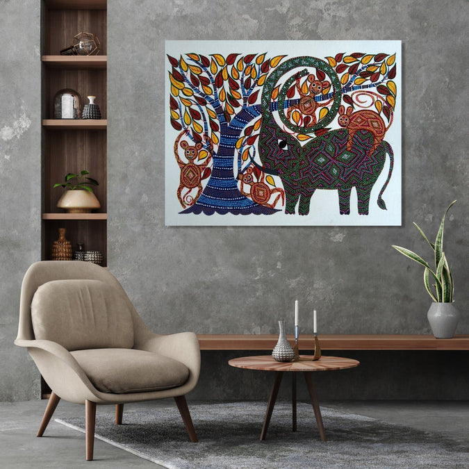 Handmade Painting for Living Room : pithora-bhil-art-elephant-tree