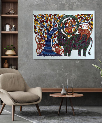 Handmade Painting for Living Room : pithora-bhil-art-elephant-tree