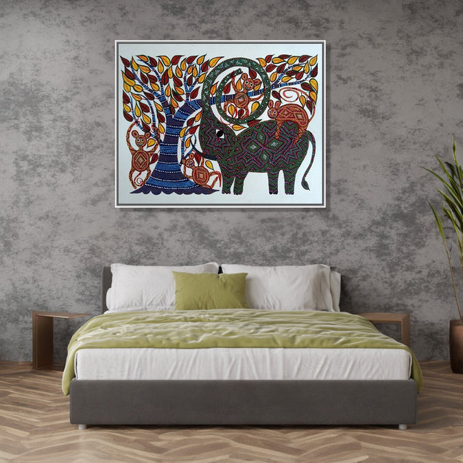 Handmade Painting for Living Room : pithora-bhil-art-elephant-tree