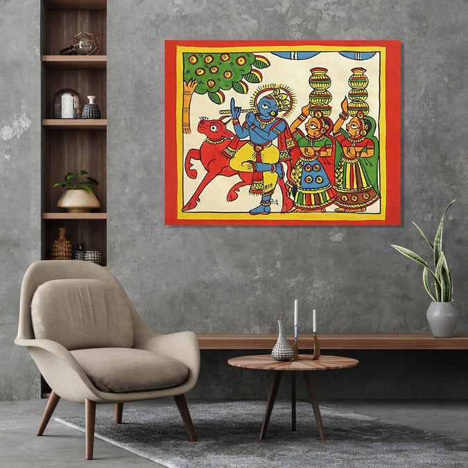 Handmade Painting for Living Room : rajasthani-phad-art-krishna