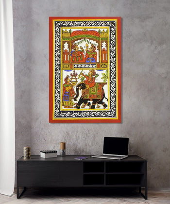 Handmade Painting for Living Room : rajasthani-phad-art-warrior-rituals