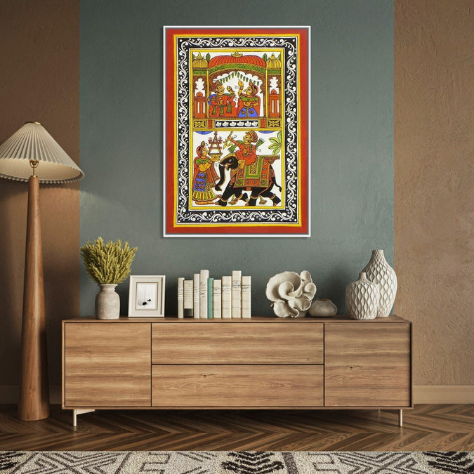 Handmade Painting for Living Room : rajasthani-phad-art-warrior-rituals