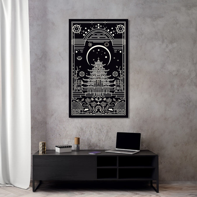 Handmade Painting for Living Room : thangka-temple-in-monochrome