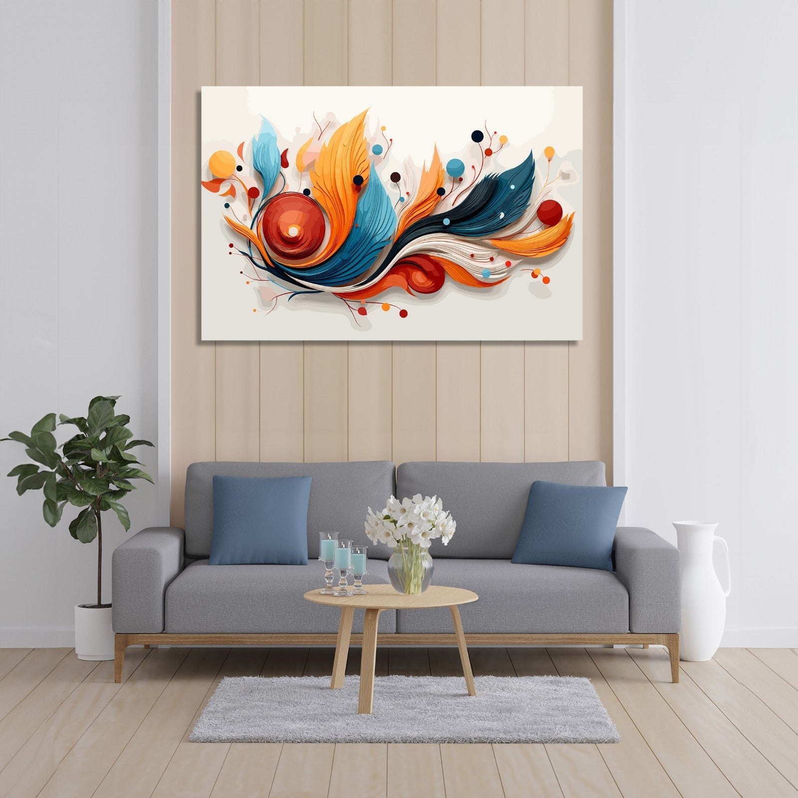 Handmade painting with flowy leafy abstract in red, orange, blue ...
