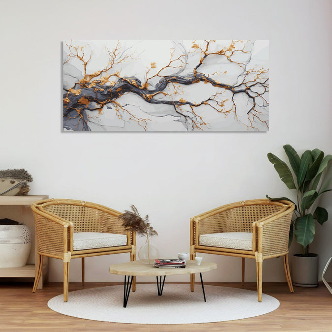 Handmade Painting for Living Room : winter-tree-branch-with-golden-shoots