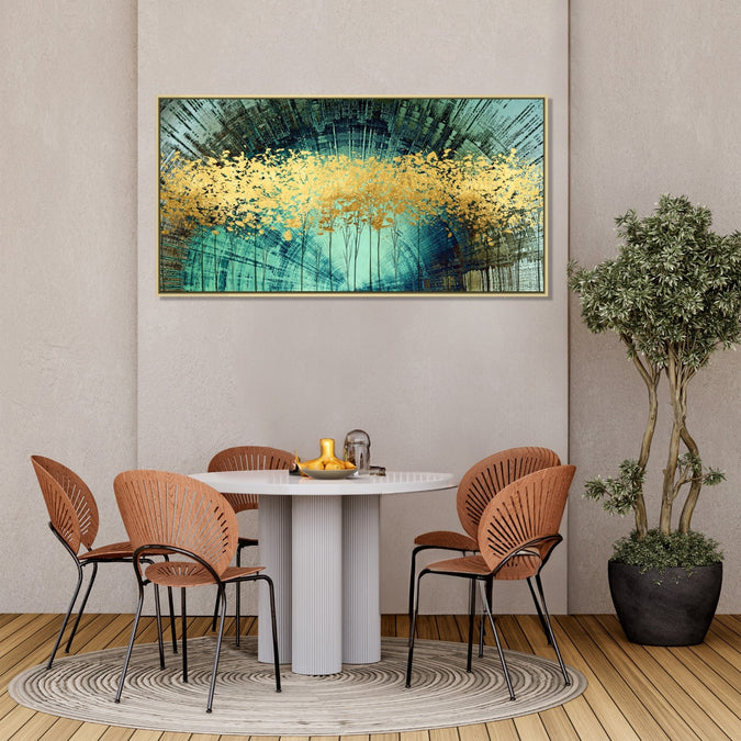 Handmade canvas Painting for Living Room : golden-trees-in-aqua-background