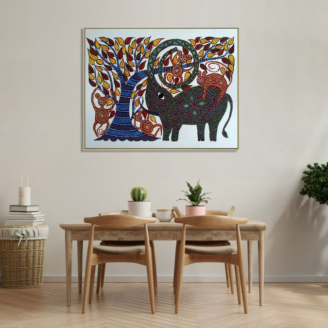 Handmade canvas Painting for Living Room : pithora-bhil-art-elephant-tree