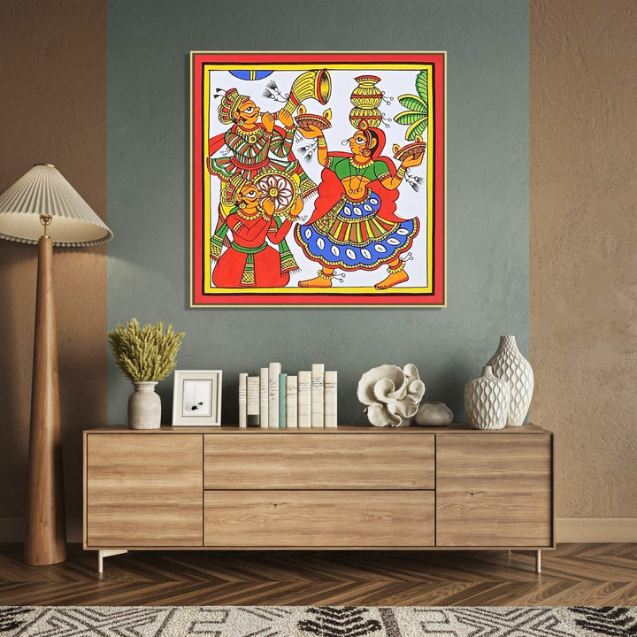 Handmade canvas Painting for Living Room : rajasthani-phad-art-folk-dance