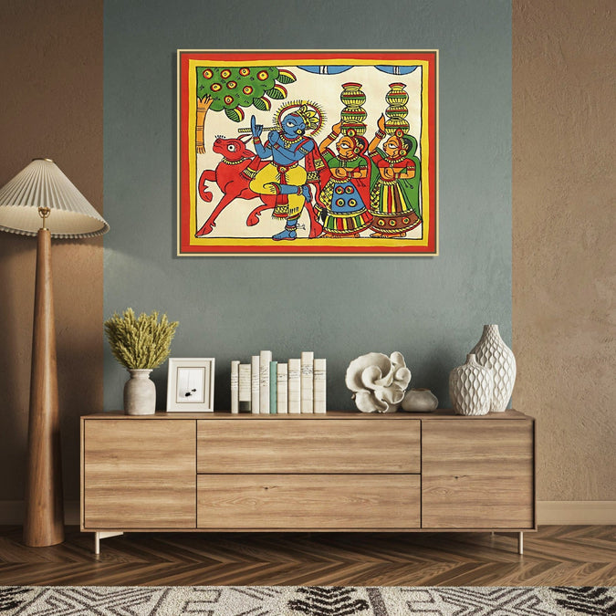 Handmade canvas Painting for Living Room : rajasthani-phad-art-krishna