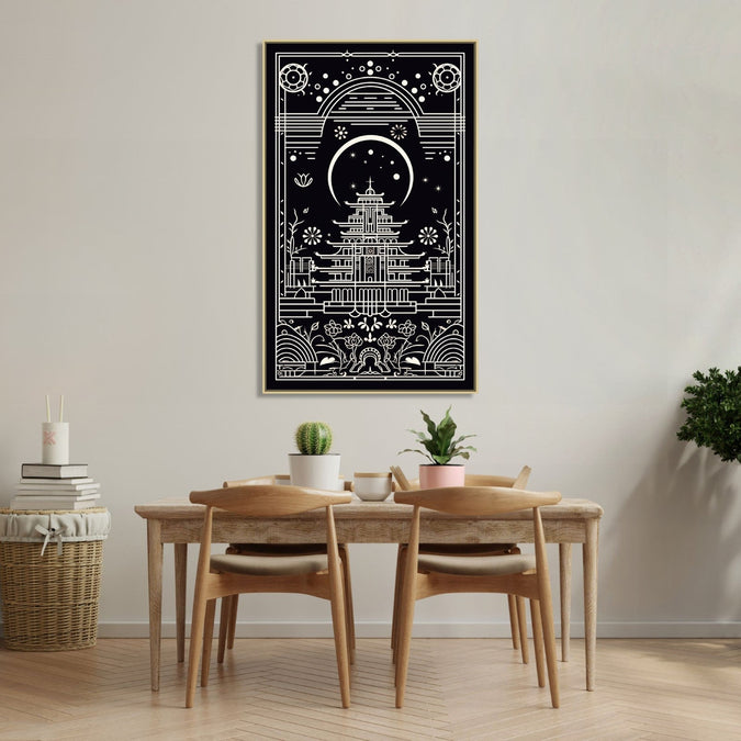 Handmade canvas Painting for Living Room : thangka-temple-in-monochrome