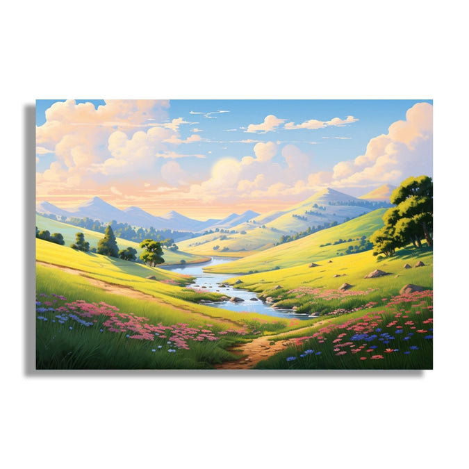 Hills with some pink flowers and clouds and sky with small light blue stream in middle, 