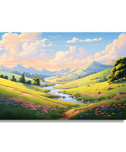 Hills with some pink flowers and clouds and sky with small light blue stream in middle, 