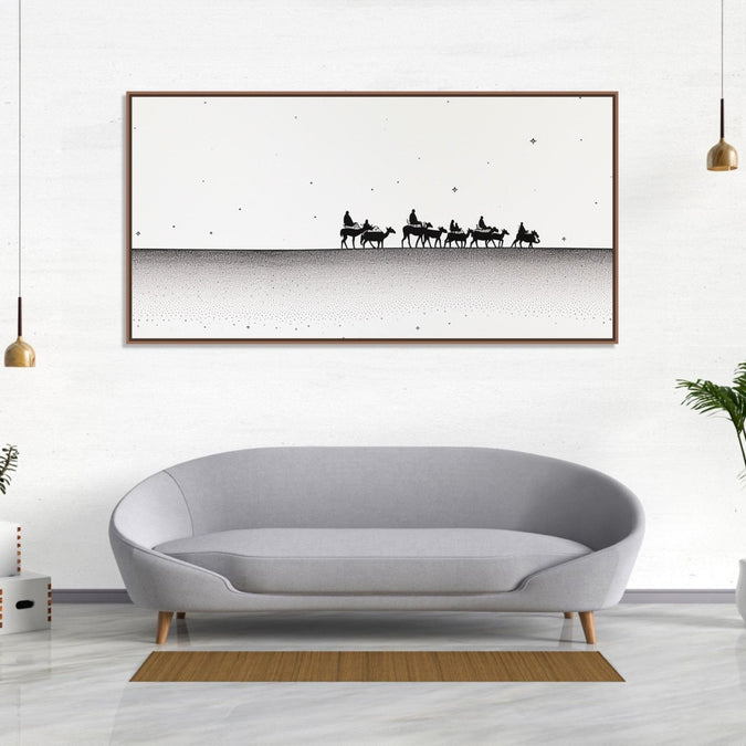 Human figures travelling on reindeers on plain : Living room Paintings