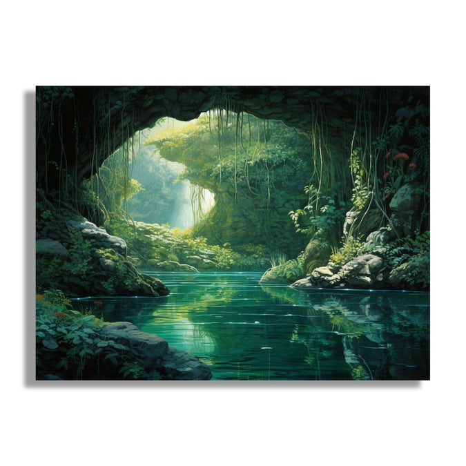 Jungle cave plantation scene, water reflection 