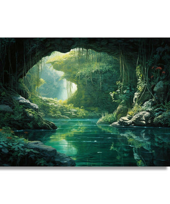 Jungle cave plantation scene, water reflection 