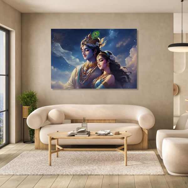 Krishna and Radha embracing each other facing left, with eyes closed and blue sky in background.