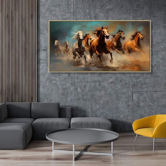 Large Painting for Drawing Room: 4 Brown and 3 White horses running in abstract background, water