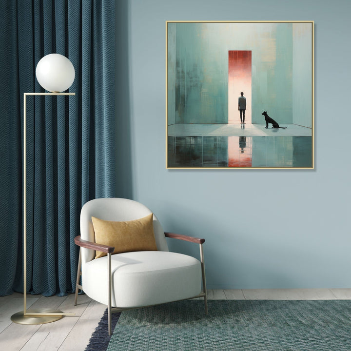 Large Painting for Drawing Room: A Man in door frame and a dog by his side in a minimalistic room