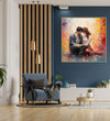 Large Painting for Drawing Room: A couple facing each other and sitting, abstract background. Orange and off white abstract background