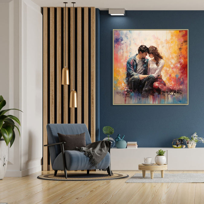 Large Painting for Drawing Room: A couple facing each other and sitting, abstract background. Orange and off white abstract background