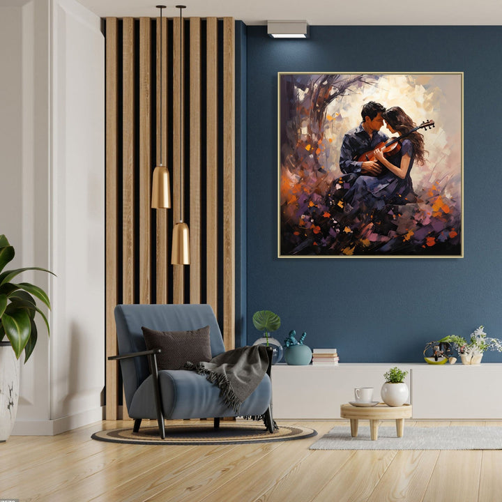 Large Painting for Drawing Room: A couple sitting with a guitar under a tree, abstract background