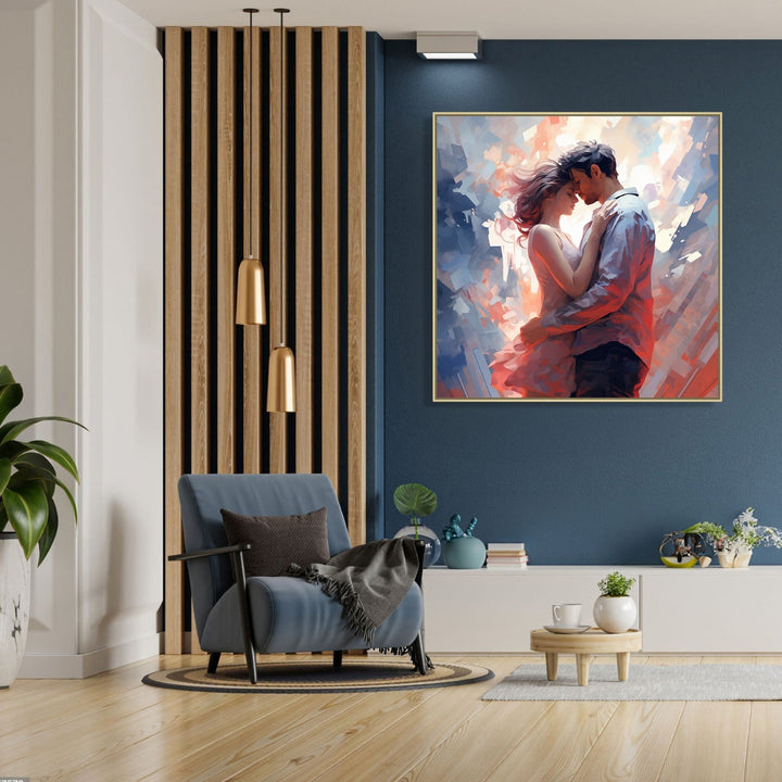 Large Painting for Drawing Room: A couple standing and facing each other and embracing. Girl in pink dress and boy in light blue shirt. Light abstract background.