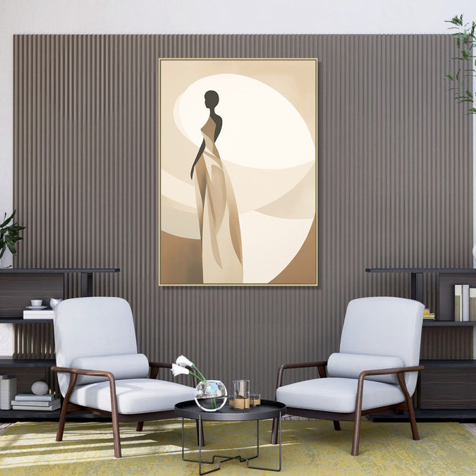 Large Painting for Drawing Room: A flowy abstract figurine women in drark brown and beige colours