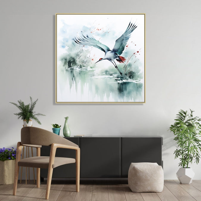 Large Painting for Drawing Room: A grey Crane in abstract background in watercolour