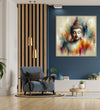 Large Painting for Drawing Room: A meditating buddha in plain abstract workwith light grey, orange,light blue colours