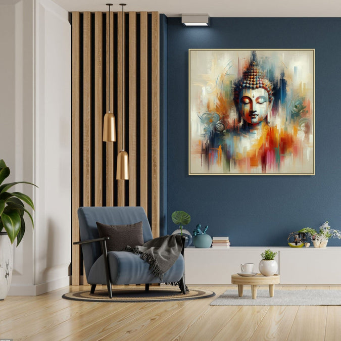 Large Painting for Drawing Room: A meditating buddha in plain abstract workwith light grey, orange,light blue colours