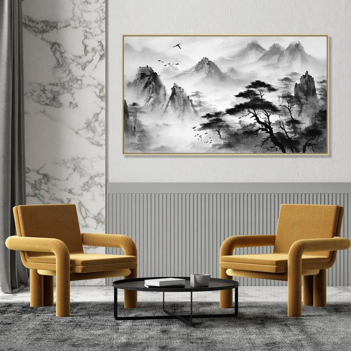 Large Painting for Drawing Room: A monochrome of mountains and trees Asian Landscape