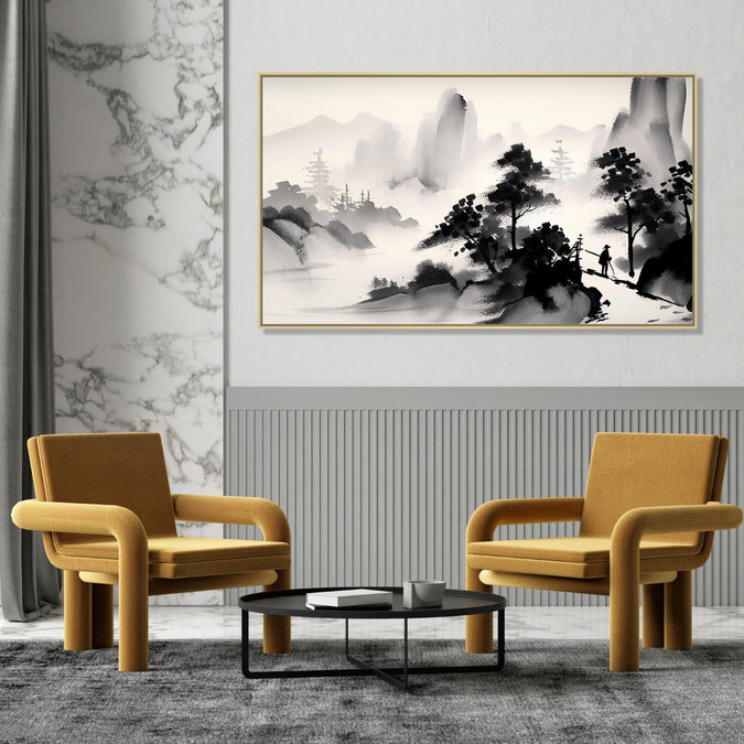 Large Painting for Drawing Room: A monochrome of mountains and trees, with a man passing by in an Asian Landscape