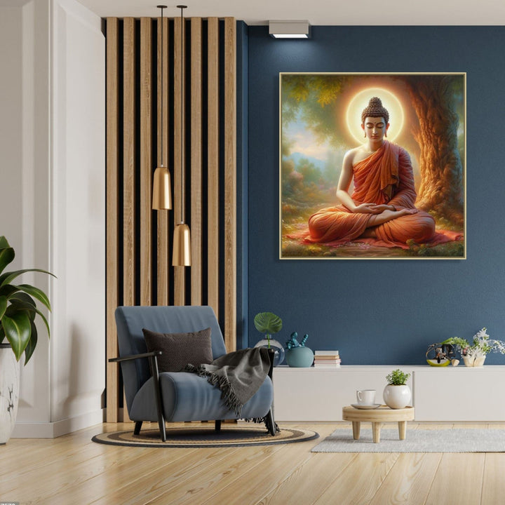Large Painting for Drawing Room: A realistic painting of meditating buddha under a tress with gold orb behind his head